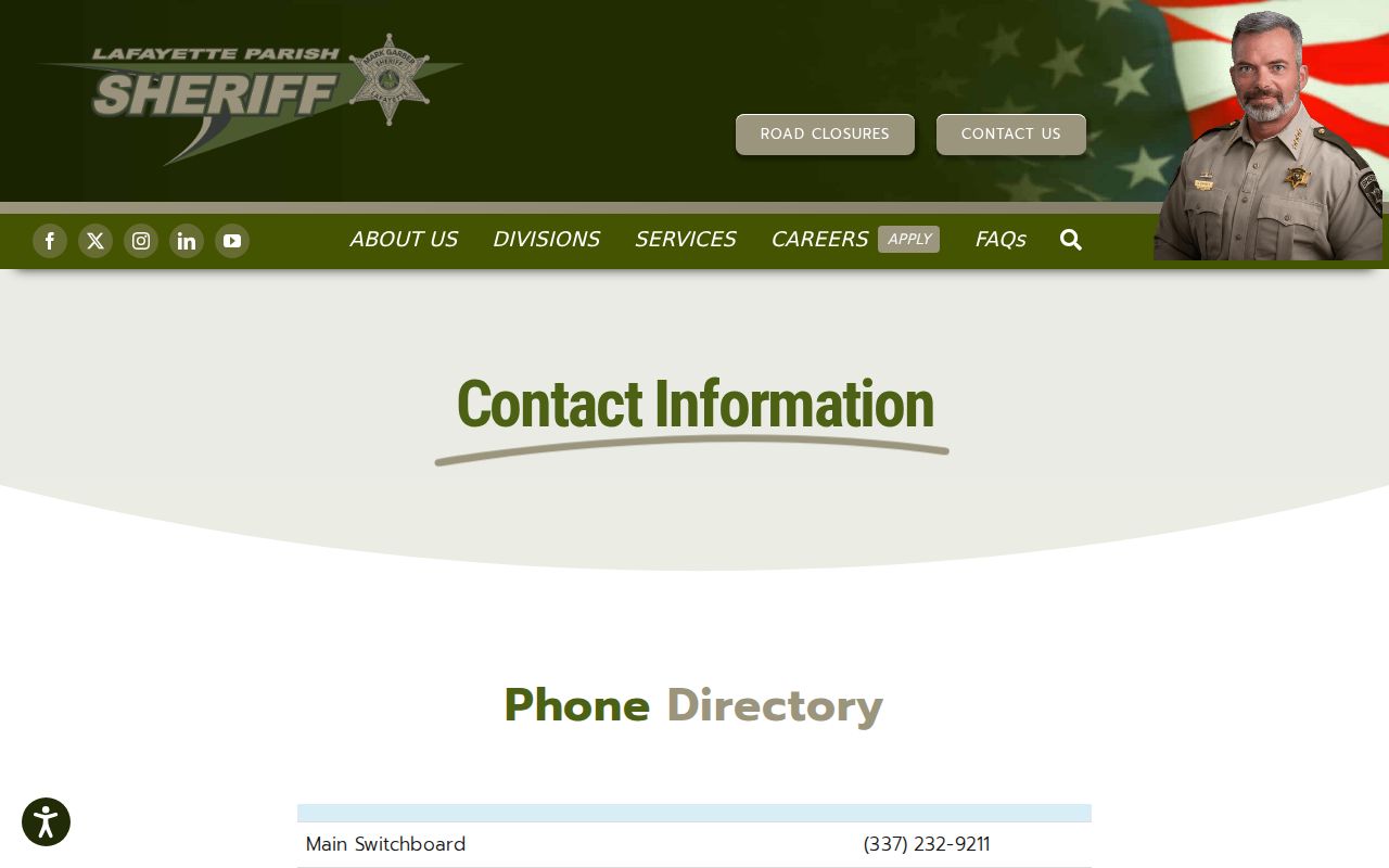 Lafayette Parish warrant records: sheriff phone directory row showing the warrant division number