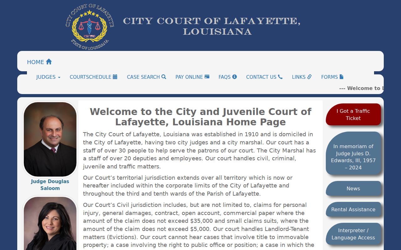 Lafayette Parish warrant records: city court services menu that includes a warrant check