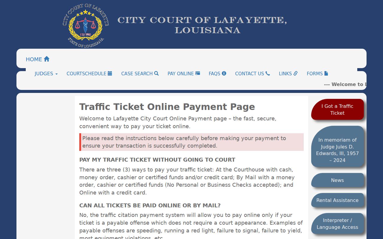 Lafayette Parish warrant records: city court citation, docket, and name search with warning text