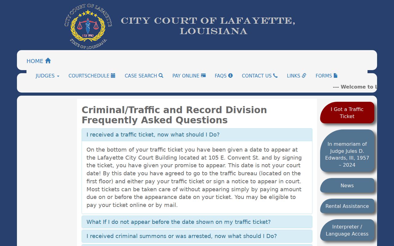 Lafayette Parish warrant records: city court instructions for warrant questions, resets, and identification