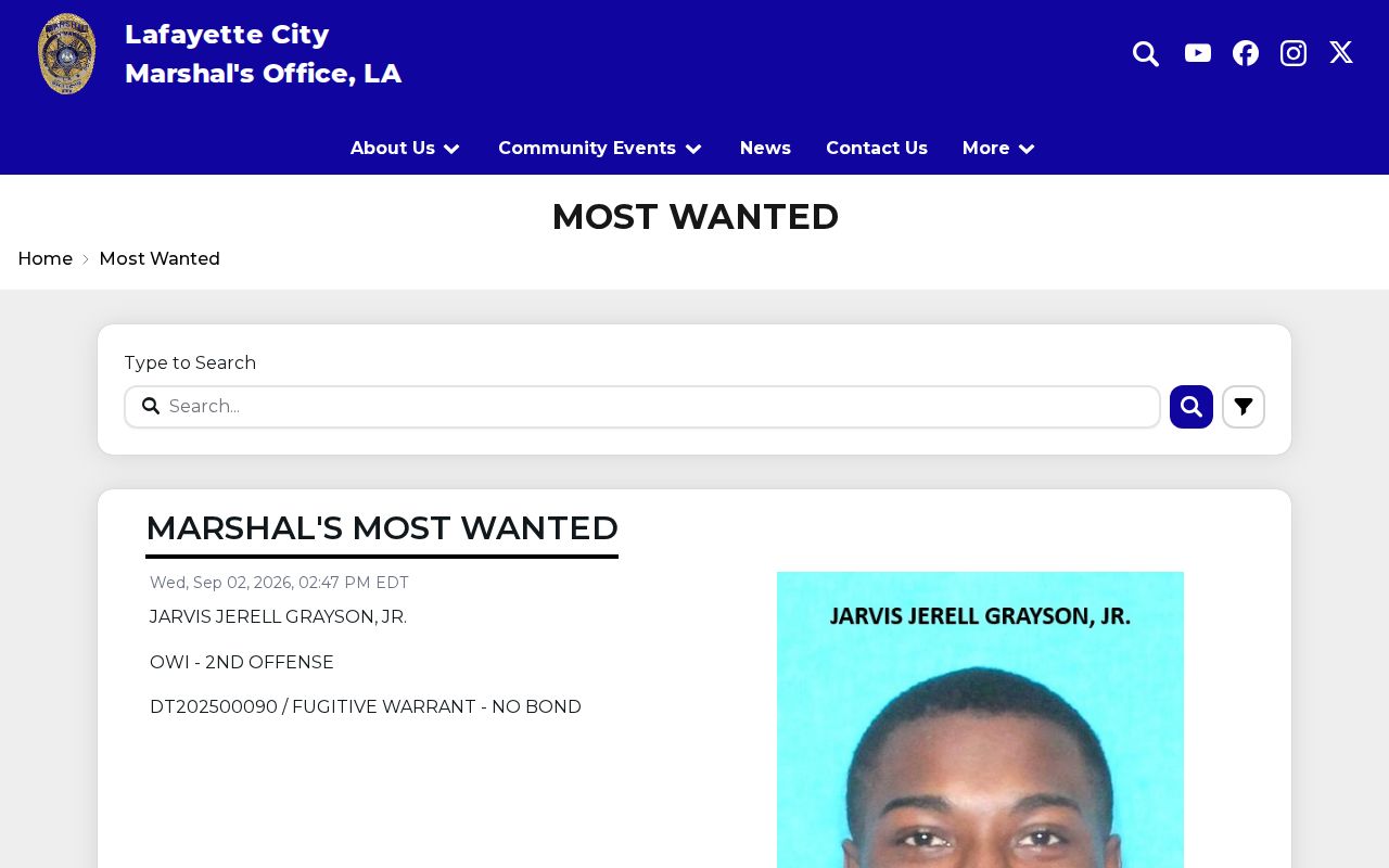 Lafayette Parish warrant records: most wanted program interface framed without any individual profile