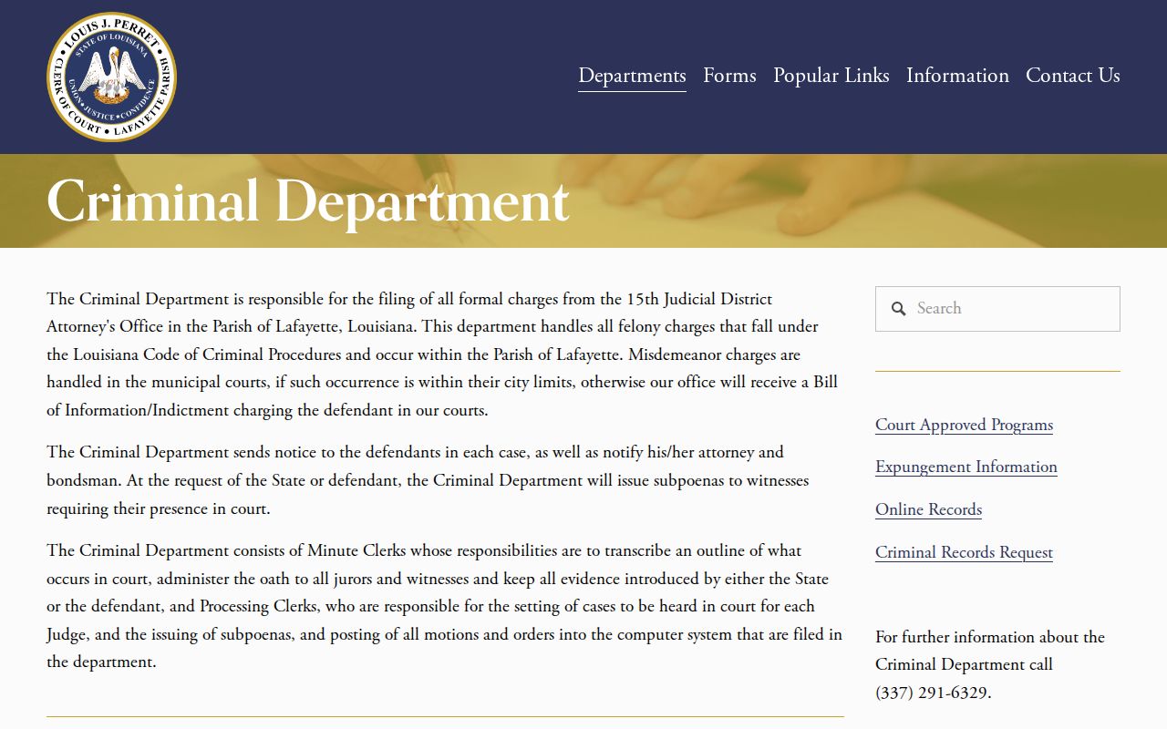 Lafayette Parish warrant records: clerk criminal department responsibilities and record request fields