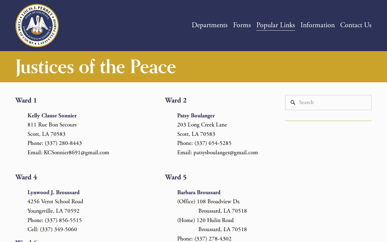 Lafayette Parish warrant records: official justice of the peace ward list and contact block