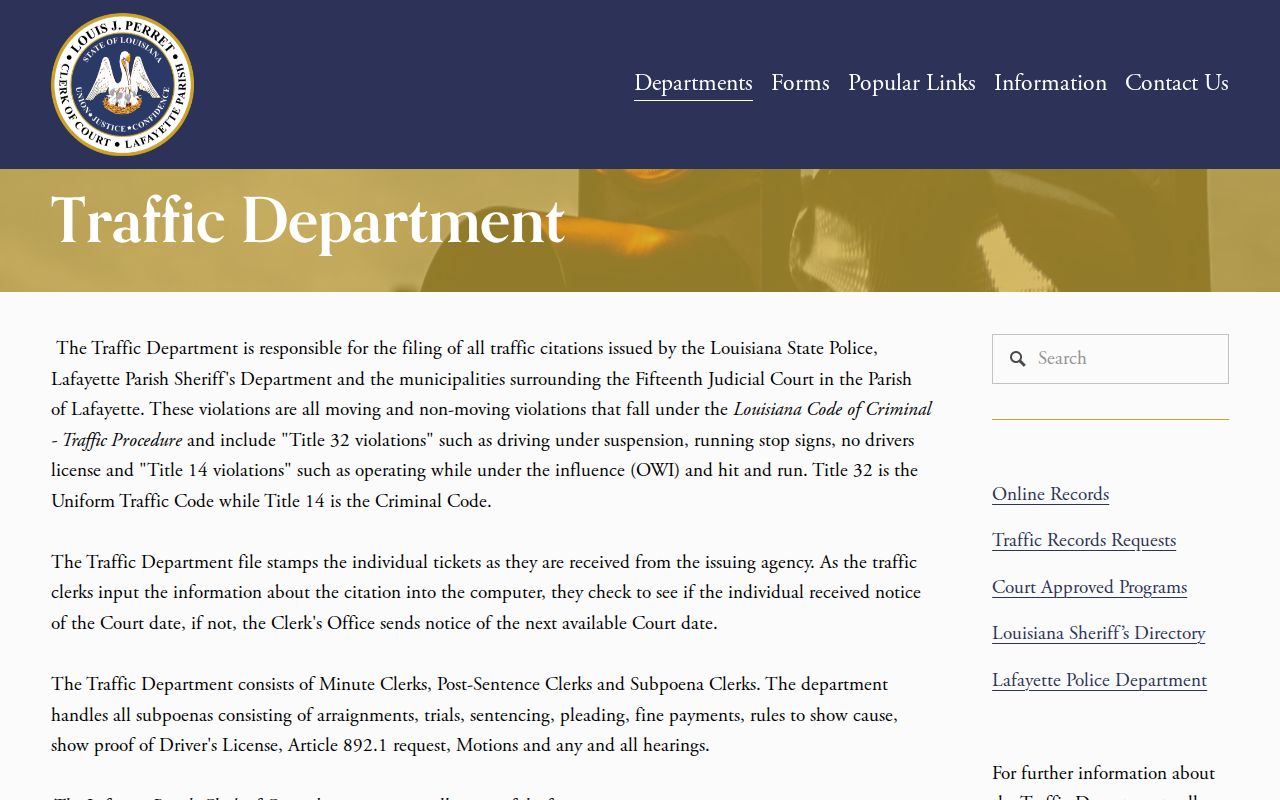 Lafayette Parish warrant records: clerk traffic department responsibilities and citation routing