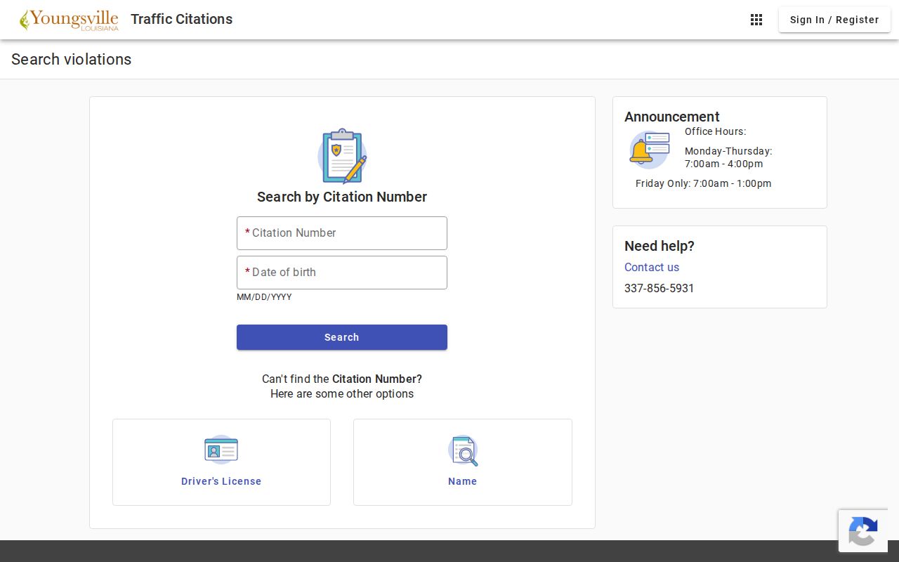Youngsville warrant records: blank municipal citation search with every search method visible