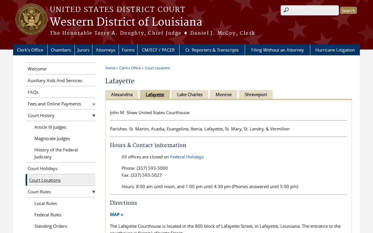 Lafayette Parish warrant records: federal courthouse address, hours, and jurisdiction